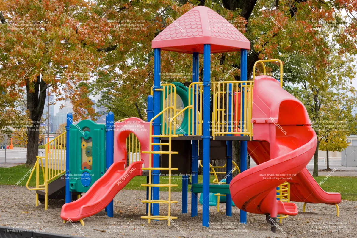 A playful exterior scene showing a vibrant playground with slides and climbing structures, surrounded by greenery. Children can be seen enjoying the equipment, and the area is welcoming for families.